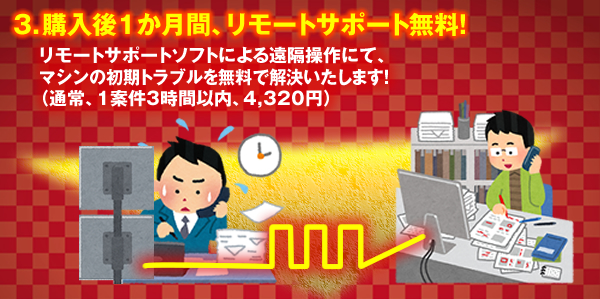 3.購入後1か月間、リモートサポート無料!リモートサポートソフトによる遠隔操作にて、マシンの初期トラブルを無料で解決いたします!(通常、1案件3時間以内、4,320円)